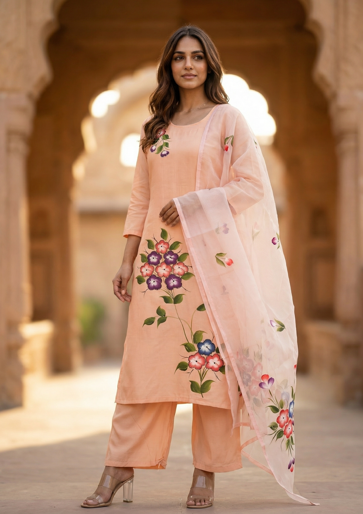 Light Peach Printed Roman Silk Kurta and Pant Set with Dupatta