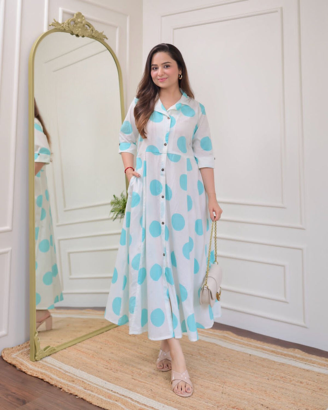 White Aqua Polka Dot Printed Rayon Anarkali Gown