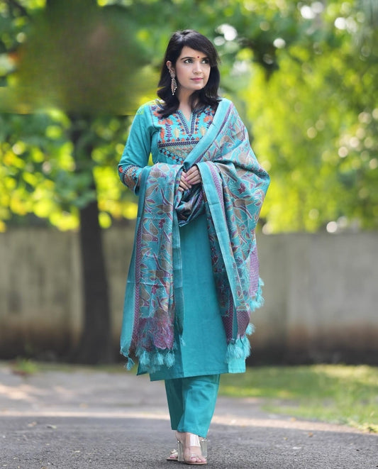Sky Blue Embroidered Cotton Flex Kurta and Pant Set with Dupatta