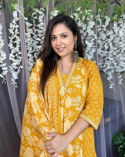 Yellow Floral Printed Cotton Kurta and Pant Set with Dupatta