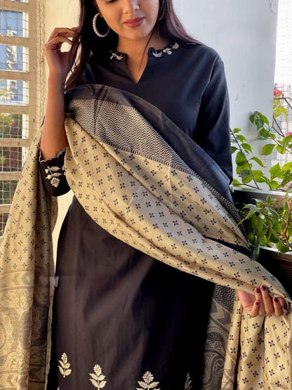 Black Embroidered Cotton Kurta and Pant Set with Dupatta