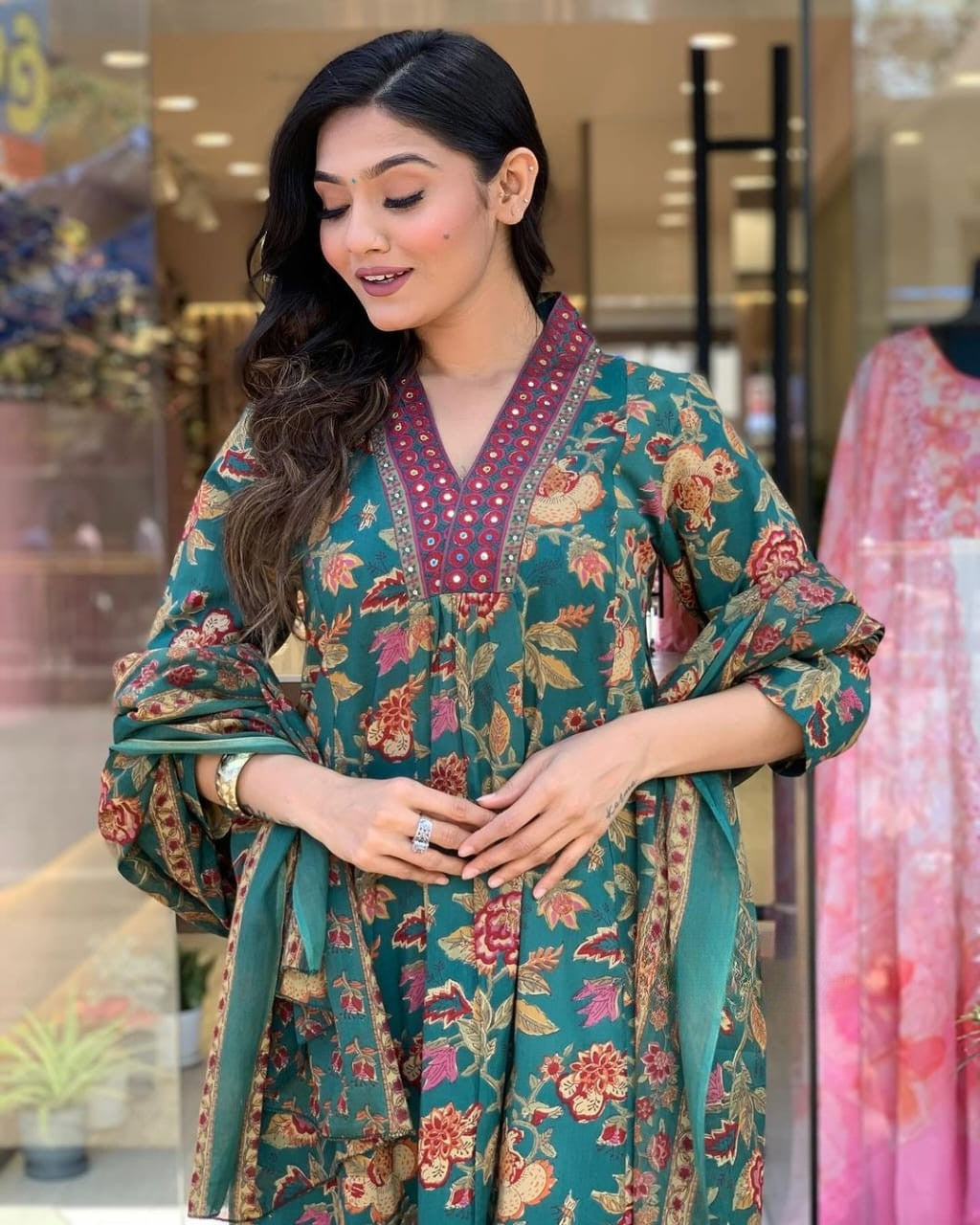 Green Floral Printed Cotton Kurta and Pant Set with Mulmul Dupatta