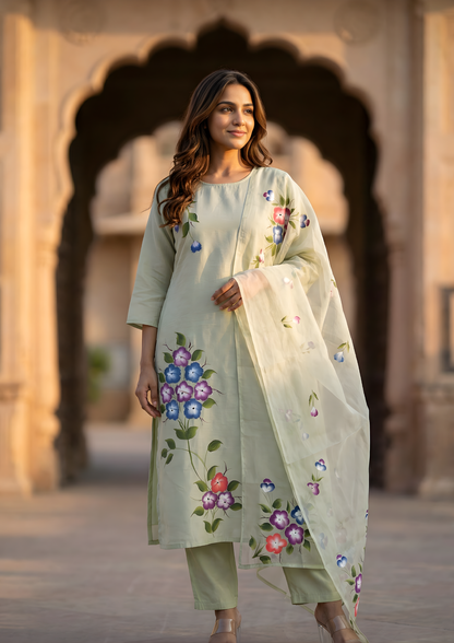 Granite Green Printed Roman Silk Kurta and Pant Set with Dupatta
