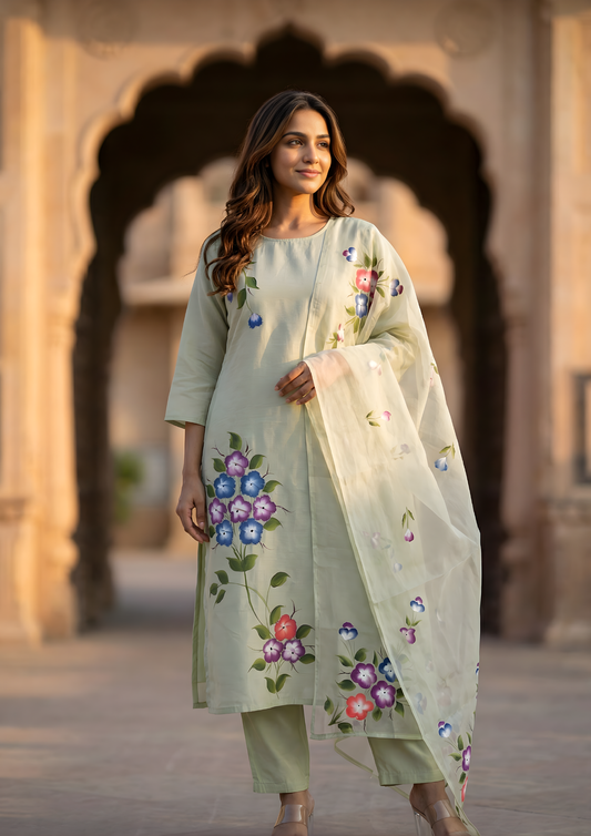 Granite Green Printed Roman Silk Kurta and Pant Set with Dupatta