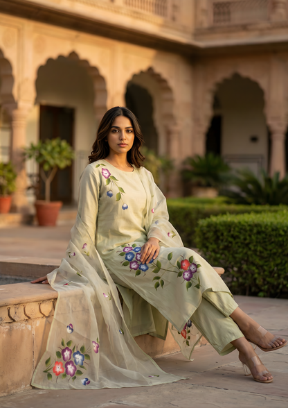 Granite Green Printed Roman Silk Kurta and Pant Set with Dupatta