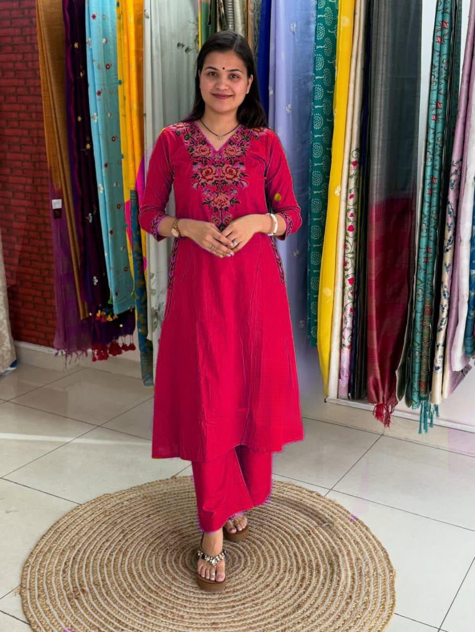 Red Embroidered Cotton Flex Kurta and Pant Set