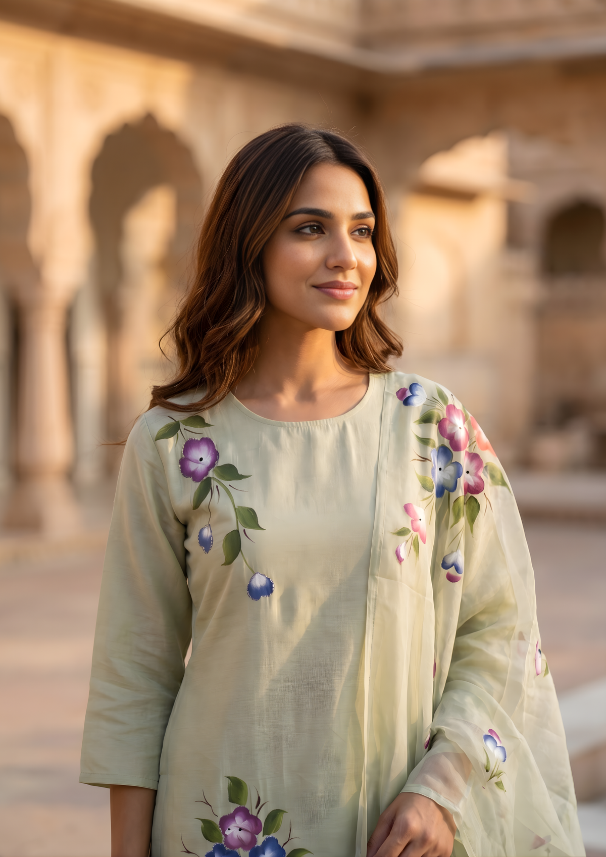 Granite Green Printed Roman Silk Kurta and Pant Set with Dupatta