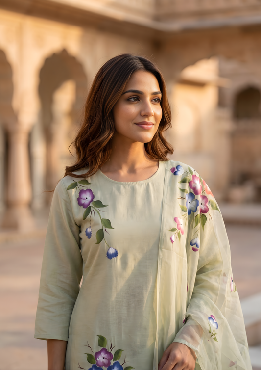 Granite Green Printed Roman Silk Kurta and Pant Set with Dupatta