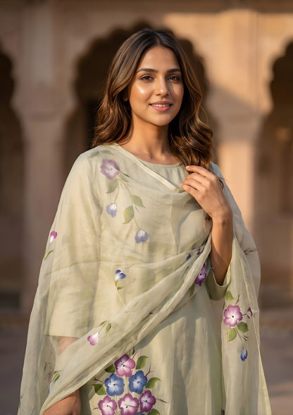 Granite Green Printed Roman Silk Kurta and Pant Set with Dupatta