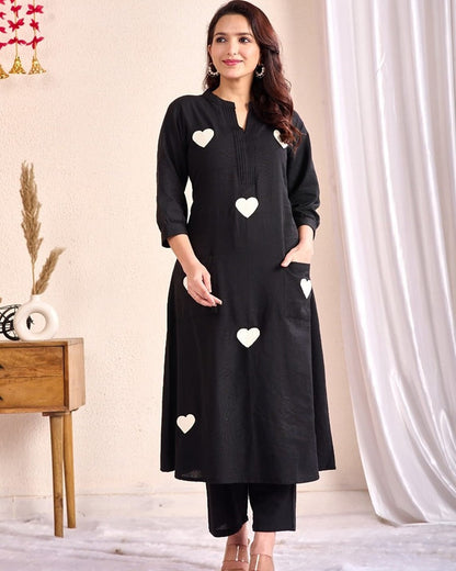 Black Heart Embroidered Cotton Kurta and Pant Set