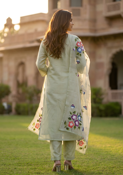Granite Green Printed Roman Silk Kurta and Pant Set with Dupatta