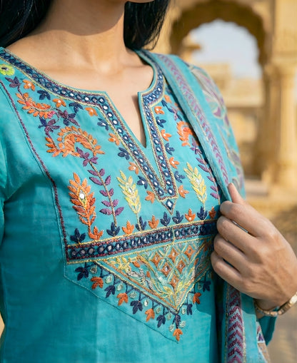 Sky Blue Embroidered Cotton Flex Kurta and Pant Set with Dupatta