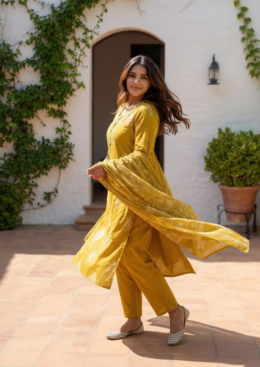 Dark Mustard Cotton Kurta And Pant Set With Mulmul Dupatta