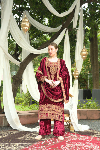 Maroon Designer Velvet Pakistani Suit Set