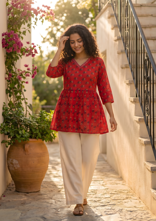 Red Floral Printed Cotton Short Kurti