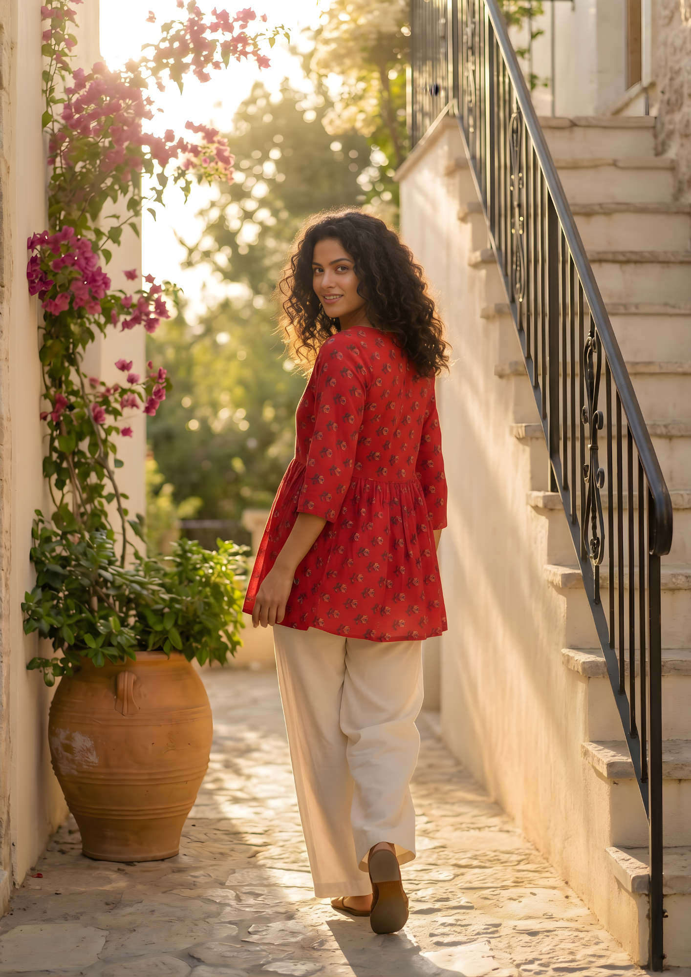 Red Floral Printed Cotton Short Kurti