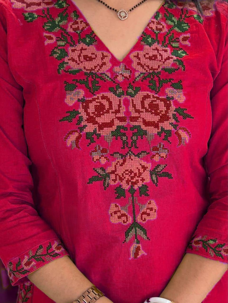 Red Embroidered Cotton Flex Kurta and Pant Set