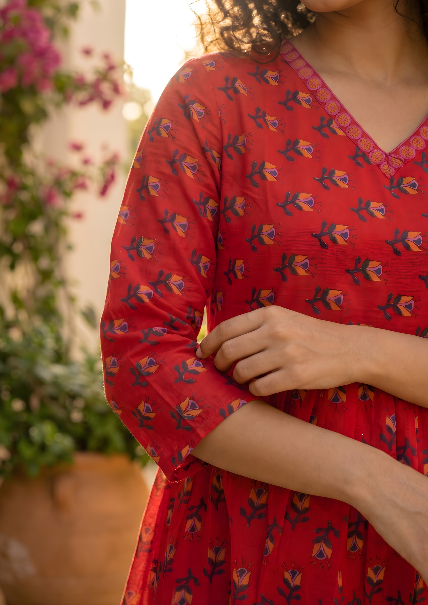 Red Floral Printed Cotton Short Kurti