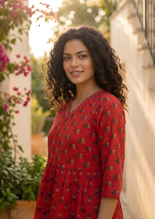 Red Floral Printed Cotton Short Kurti