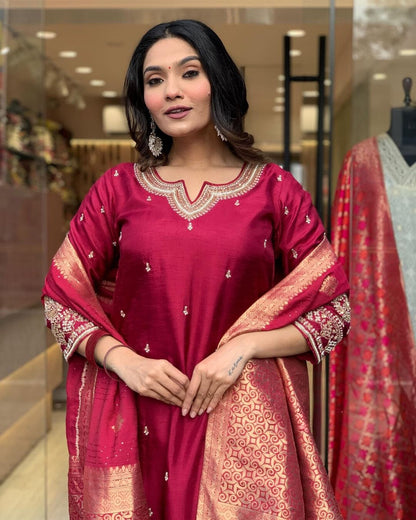 Red Embroidered Silk Suit Set with Dupatta