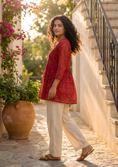 Red Floral Printed Cotton Short Kurti