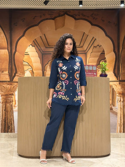 Navy Embroidered Cotton Slub Co-Ord Set