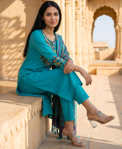 Sky Blue Embroidered Cotton Flex Kurta and Pant Set with Dupatta