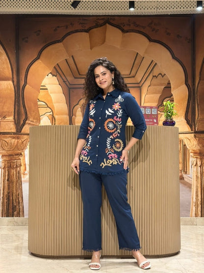 Navy Embroidered Cotton Slub Co-Ord Set