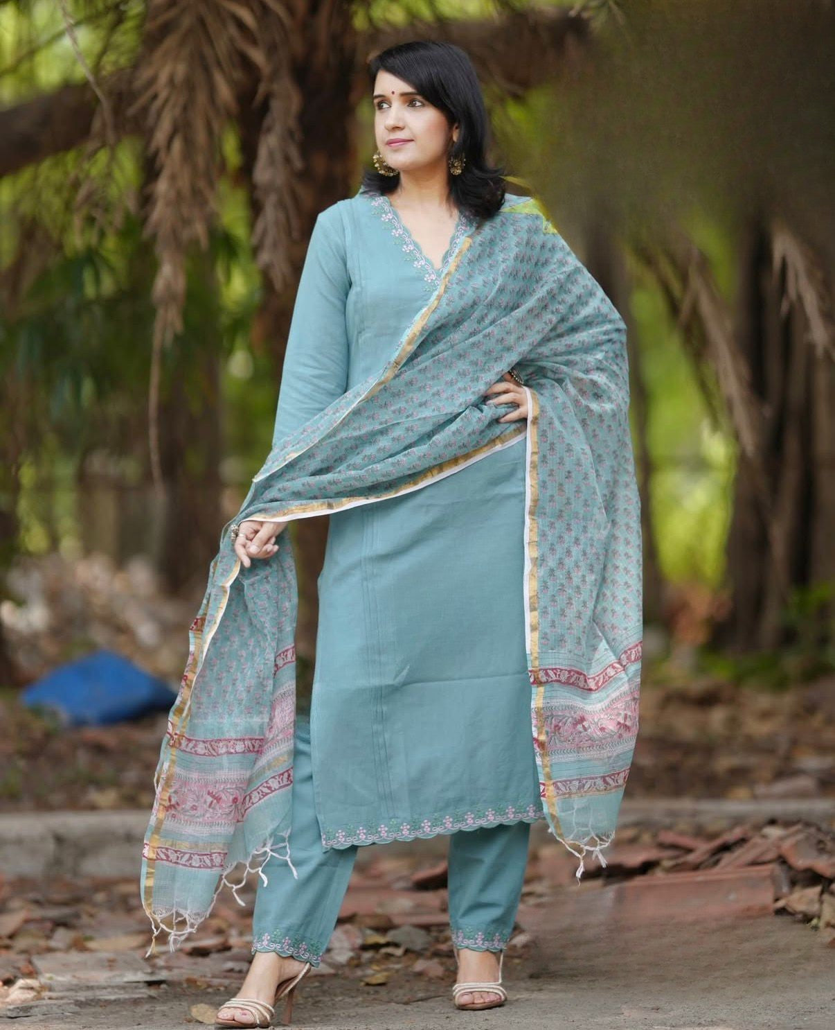 Slate Blue Embroidered Cotton Kurta and Pant Set with Dupatta