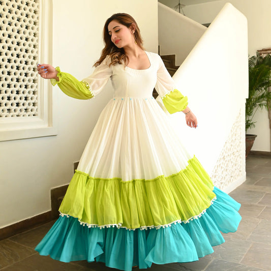 White Green Mint Flared Rayon Anarkali Gown