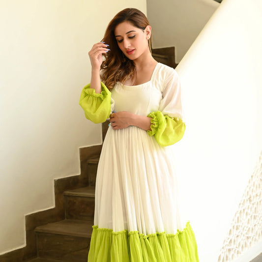 White Green Mint Flared Rayon Anarkali Gown