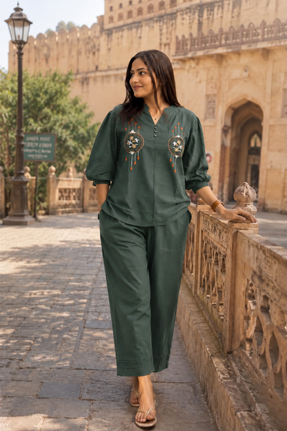 Mid Grey Embroidered Cotton Co-Ord Set
