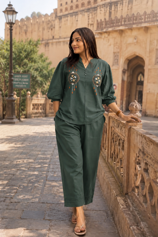 Mid Grey Embroidered Cotton Co-Ord Set