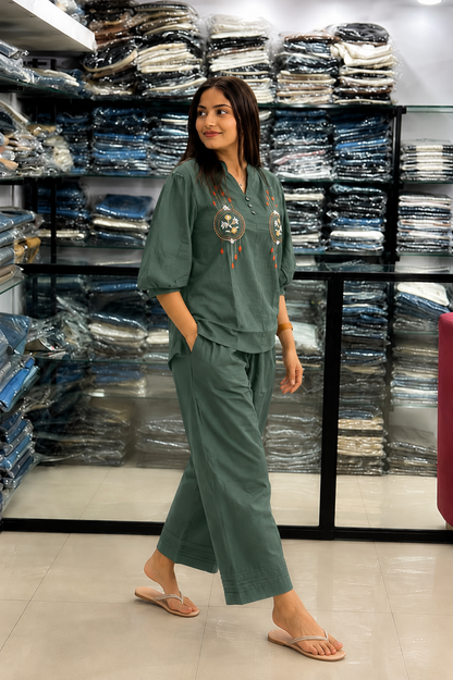 Mid Grey Embroidered Cotton Co-Ord Set