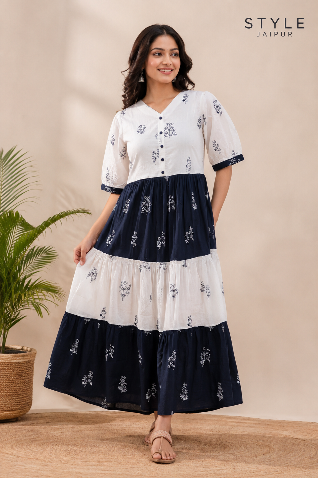 White Blue Printed Cotton Anarkali Gown