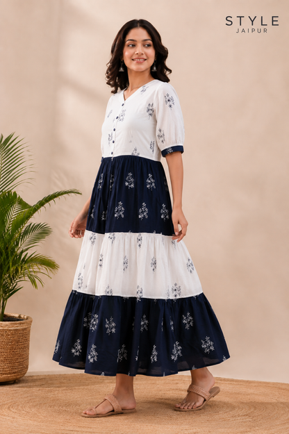 White Blue Printed Cotton Anarkali Gown
