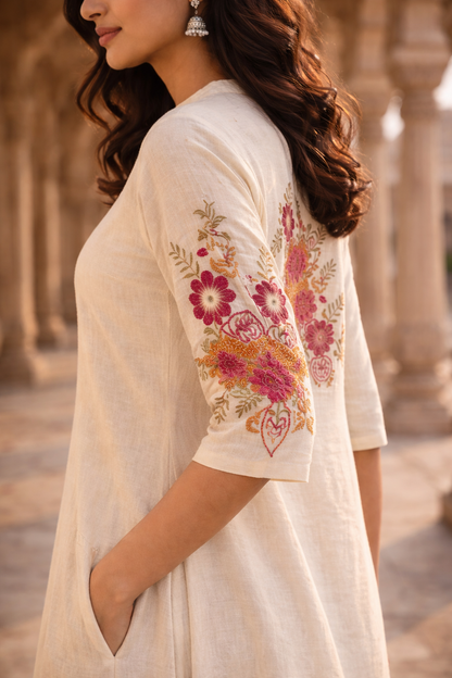 Off White Embroidered Cotton Flex Kurta and Pant Set