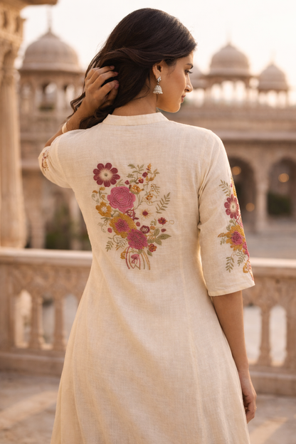 Off White Embroidered Cotton Flex Kurta and Pant Set
