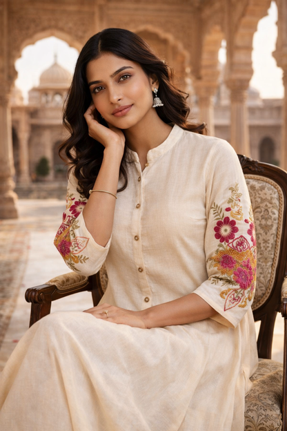 Off White Embroidered Cotton Flex Kurta and Pant Set