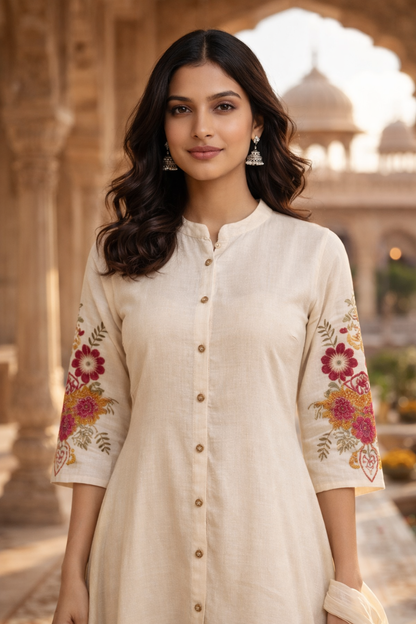 Off White Embroidered Cotton Flex Kurta and Pant Set