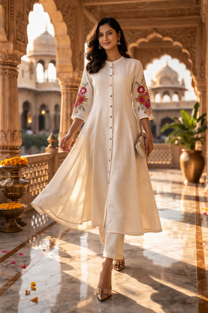 Off White Embroidered Cotton Flex Kurta and Pant Set