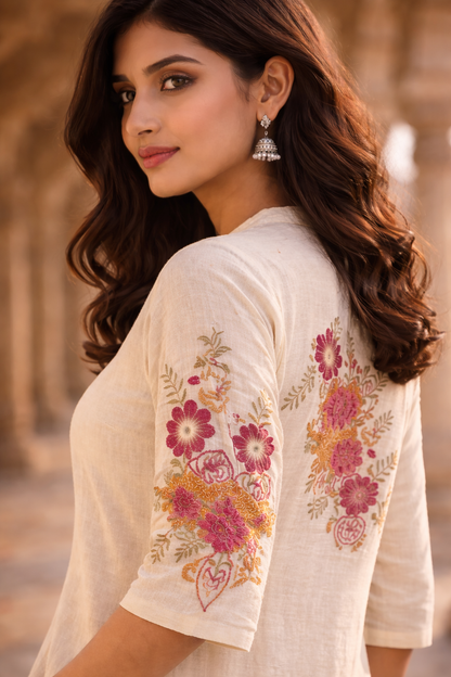 Off White Embroidered Cotton Flex Kurta and Pant Set