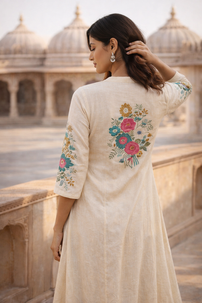 Off White Embroidered Cotton Flex Kurta and Pant Set