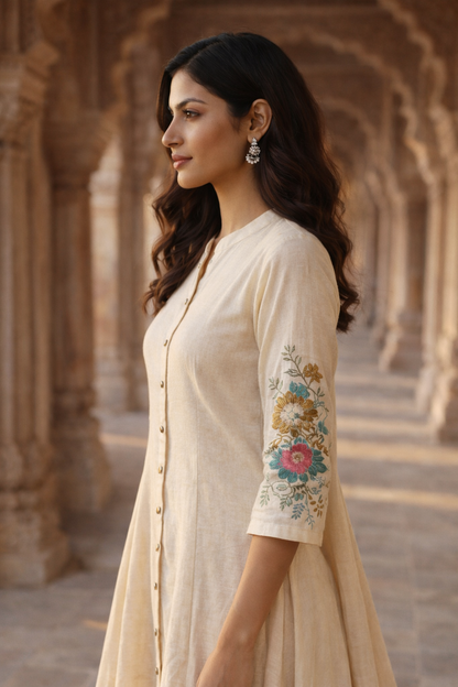 Off White Embroidered Cotton Flex Kurta and Pant Set