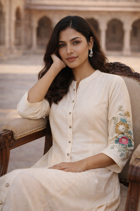 Off White Embroidered Cotton Flex Kurta and Pant Set