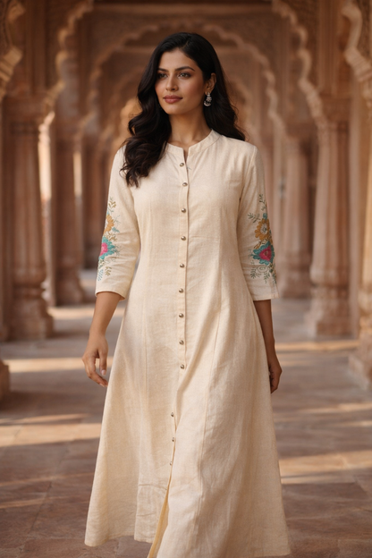 Off White Embroidered Cotton Flex Kurta and Pant Set