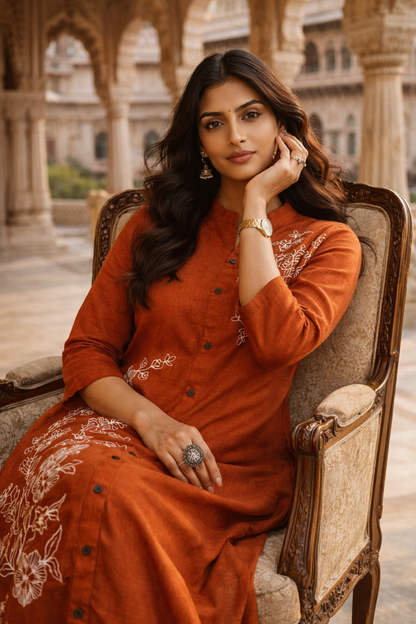 Rust Orange Embroidered Cotton Slub Co-Ord Set