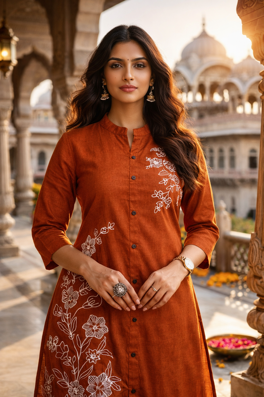 Rust Orange Embroidered Cotton Slub Co-Ord Set