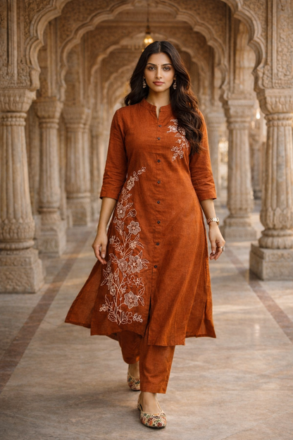 Rust Orange Embroidered Cotton Slub Co-Ord Set