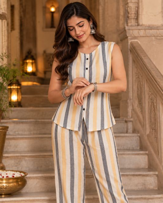 Yellow Grey Striped Cotton Flex Co-Ord Set
